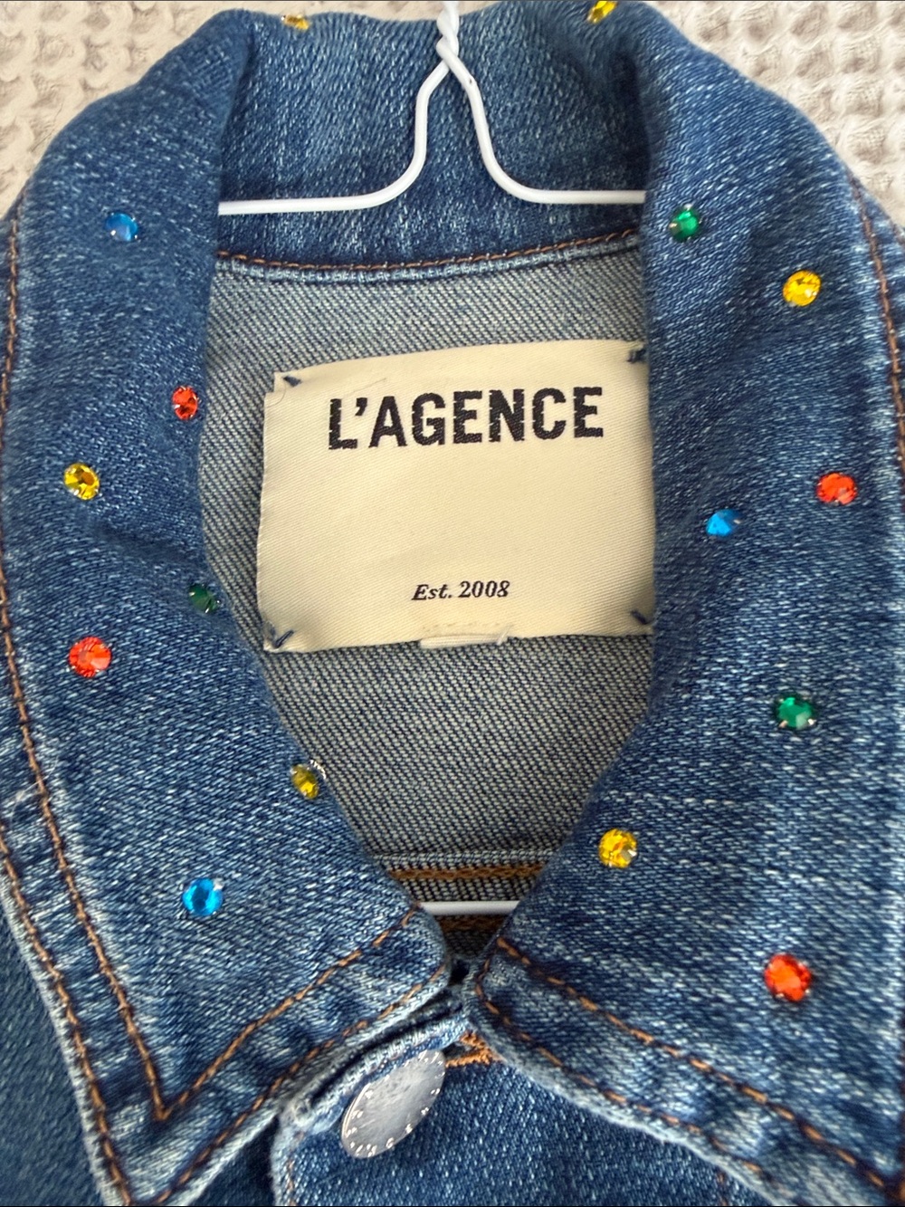 L'AGENCE Janel Blue Denim Jacket with Multicolor Stud Dots - Picture 2 of 6